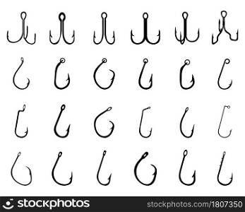 Black silhouettes of different fishing hooks on a white background