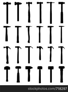 Black silhouettes of different hammer on a white background