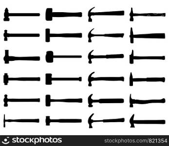 Black silhouettes of different hammer on a white background