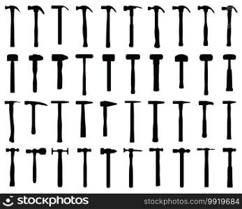 Black silhouettes of different hammers on a white background