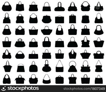 Black silhouettes of different women's handbags on a white background