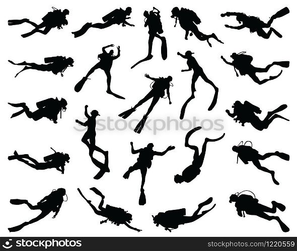 Black silhouettes of divers on a white background