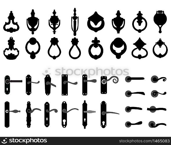 Black silhouettes of door handle, knocker, latch on a white background