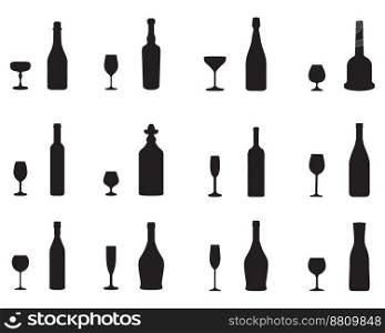 Black silhouettes of drink glasses and bottles on a white background