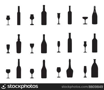 Black silhouettes of drink glasses and bottles on a white background