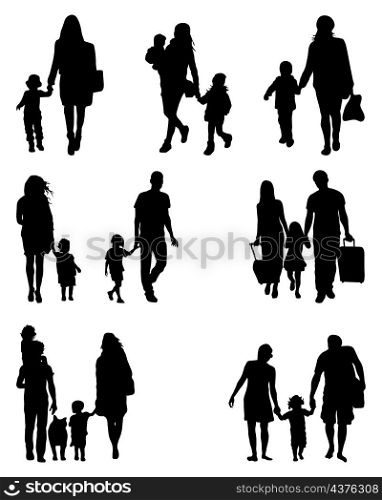 Black silhouettes of families at walking
