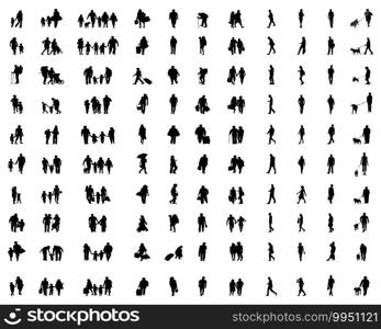 Black silhouettes of families in walk on a white background 