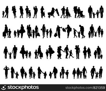 Black silhouettes of families in walking on a white background