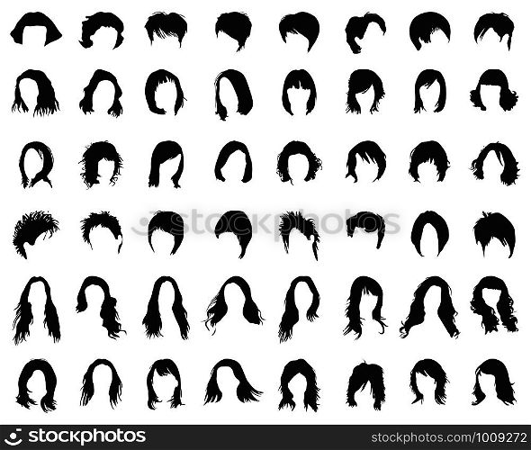 Black silhouettes of female hairstyles on a white background