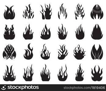 Black silhouettes of flames fire on a white background, set icons