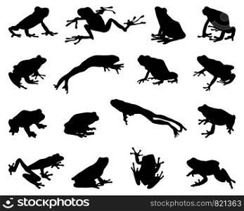 Black silhouettes of frogs on a white background