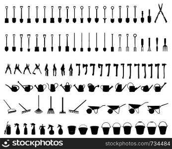 Black silhouettes of garden tools on a white background