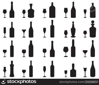 Black silhouettes of glasses and bottles on a white background