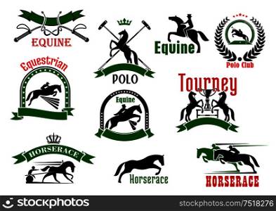 Black silhouettes of horses with riders, cart and polo player, whips, trophy and mallets, bordered by ribbon banners, wreath, starry arches and crowns sporting icons for equestrian tourney, derby, polo club, horcerace and riding club design usage. Horses with riders icons for equestrian design