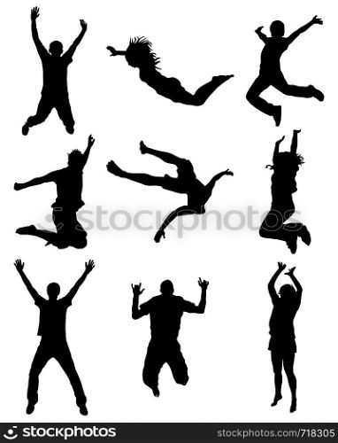 Black silhouettes of jumping on a white background