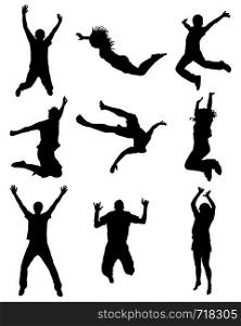 Black silhouettes of jumping on a white background