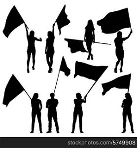 Black silhouettes of mans and womans with flags on white background. Vector illustration.&#xA;