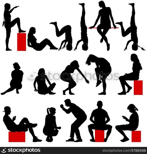 Black silhouettes of men and women in a pose sitting on a white background. Vector illustration.