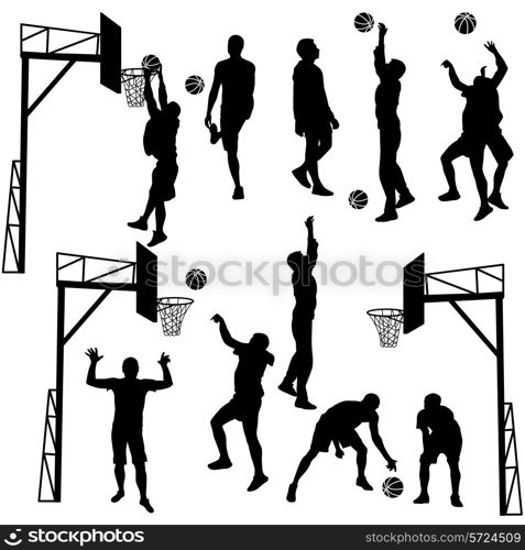 Black silhouettes of men playing basketball on a white background. Vector illustration.