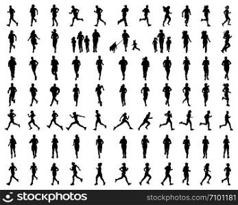 Black silhouettes of people running on a white background