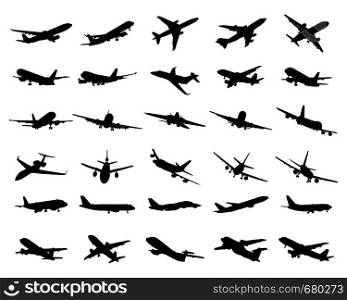 Black silhouettes of planes on a white background