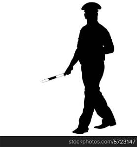 Black silhouettes of Police officer with a rod on white background. Vector illustration.
