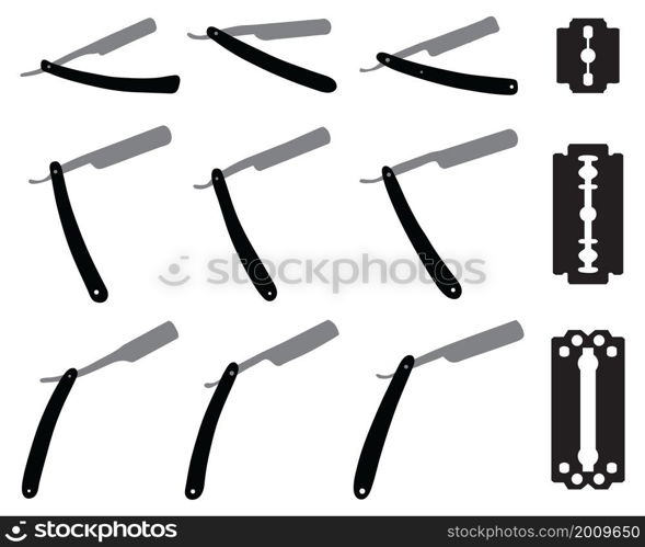 Black silhouettes of razors on white background