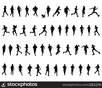 Black silhouettes of running on a white background