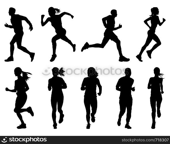 Black silhouettes of running on a white background