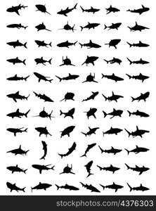 Black silhouettes of sharks on a white background