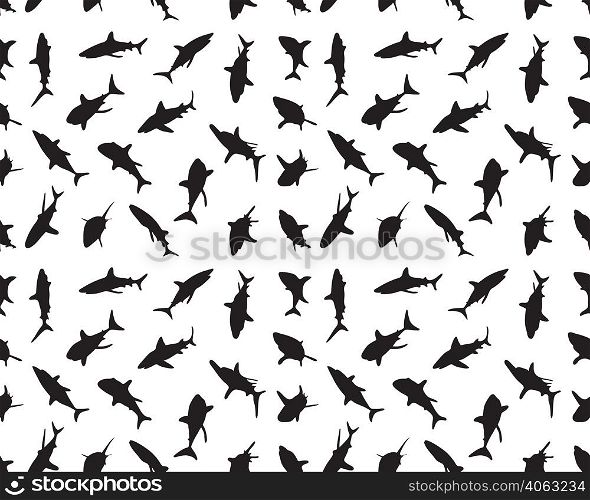 Black silhouettes of sharks on white background, seamless illustration