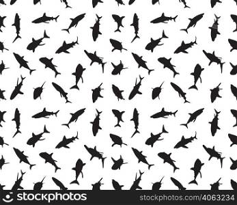 Black silhouettes of sharks on white background, seamless illustration