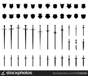 Black silhouettes of shields and swords on a white background