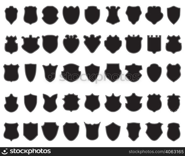 Black silhouettes of shields on white a background