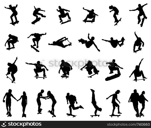 Black silhouettes of skate jumpers on a white background
