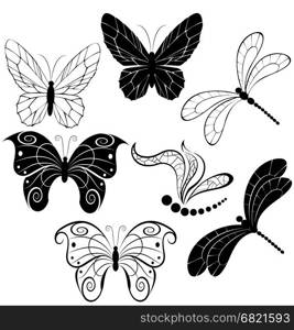 black silhouettes of stylized butterflies and dragonflies on a white background.&#xA;