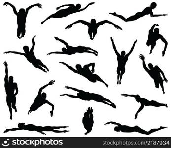 Black silhouettes of swimmers on a white background