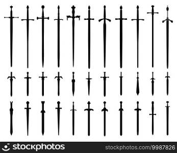 Black silhouettes of swords and sabers on a white background