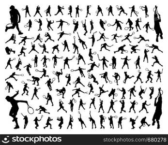 Black silhouettes of tennis players on a white background