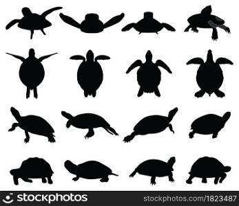 Black silhouettes of turtles on a white background