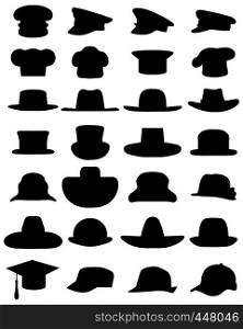 Black silhouettes of various caps and hats on a white background