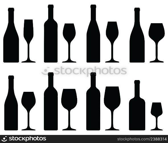 Black silhouettes of wine bottles and glasses on a white background