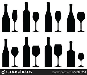 Black silhouettes of wine bottles and glasses on a white background