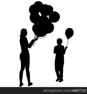 Black silhouettes of woman gives child a balloon. Vector illustration. Black silhouettes of woman gives child a balloon on white background. Vector illustration.