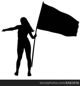 Black silhouettes of woman with flag on white background.. Black silhouettes of woman with flag on white background