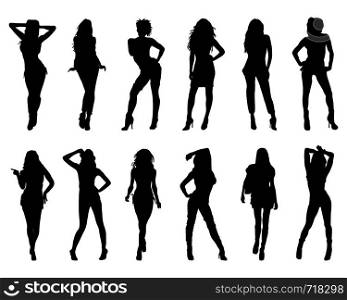 Black silhouettes of women in different posing on a white background