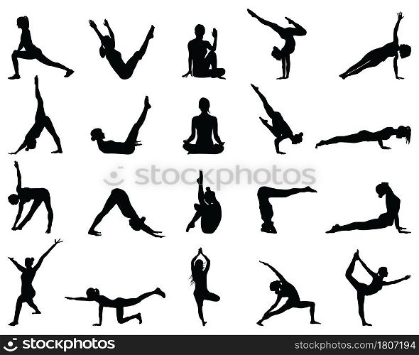Black silhouettes of yoga and fitness on a white background