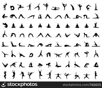 Black silhouettes of yoga and fitness on white background