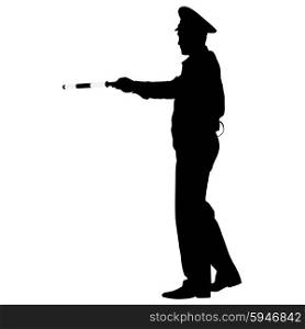 Black silhouettes Police officer with a rod on white background. Vector illustration.