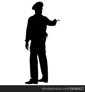 Black silhouettes Police officer with a rod on white background. Vector illustration.